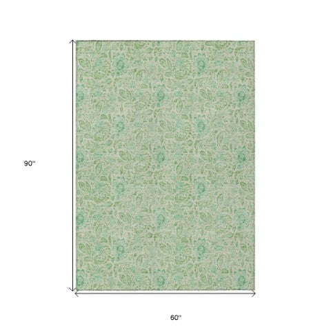 Homeroots 3' Green Floral Washable Area Rug - Stain Resistant, Durable Design For Indoor & Outdoor Spaces 5' X 8' Polyester 580461