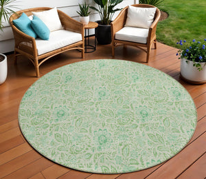 Homeroots 3' Green Floral Washable Area Rug - Stain Resistant, Durable Design For Indoor & Outdoor Spaces 8' Round Polyester 580462