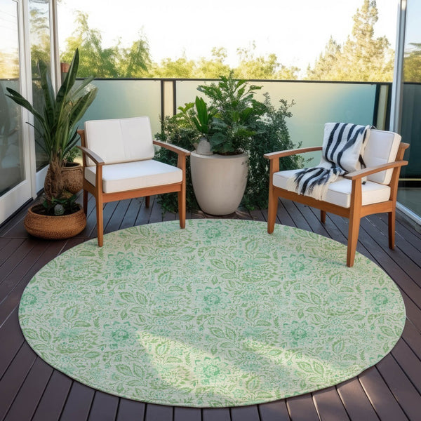 Homeroots 3' Green Floral Washable Area Rug - Stain Resistant, Durable Design For Indoor & Outdoor Spaces 8' Round Polyester 580462