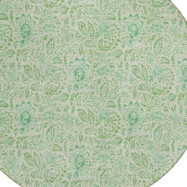 Homeroots 3' Green Floral Washable Area Rug - Stain Resistant, Durable Design For Indoor & Outdoor Spaces 8' Round Polyester 580462