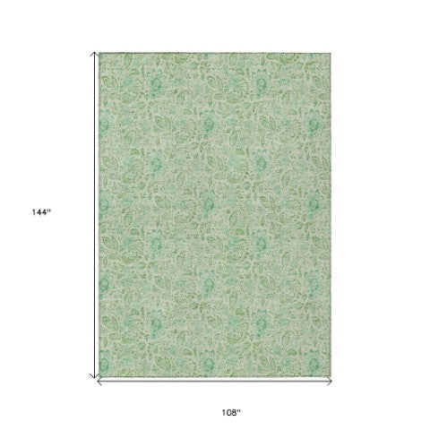 Homeroots 3' Green Floral Washable Area Rug - Stain Resistant, Durable Design For Indoor & Outdoor Spaces 9' X 12' Polyester 580464
