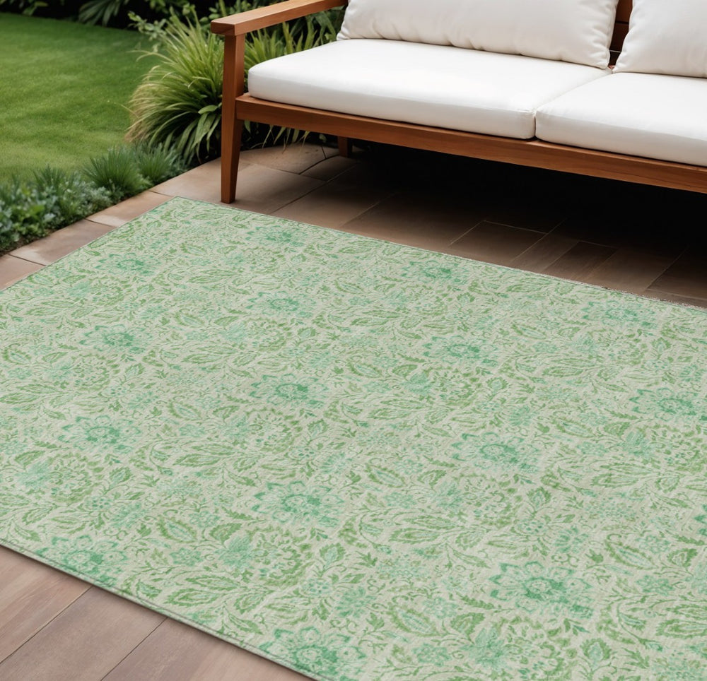 HomeRoots 9' Sage and Artichoke Green Floral Area Rug - Durable, Washable Design for Indoor and Outdoor Use 9' X 12' 580464