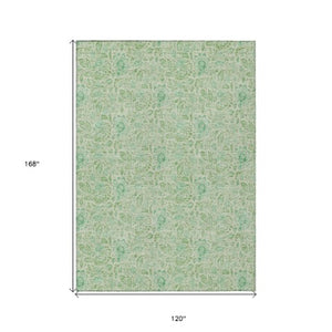 Homeroots 3' Green Floral Washable Area Rug - Stain Resistant, Durable Design For Indoor & Outdoor Spaces 10' X 14' Polyester 580465