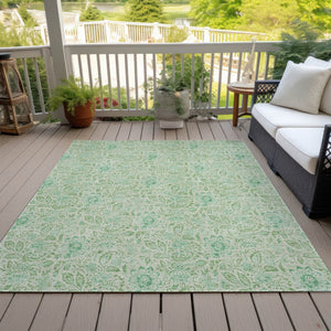 Homeroots 3' Green Floral Washable Area Rug - Stain Resistant, Durable Design For Indoor & Outdoor Spaces 10' X 14' Polyester 580465