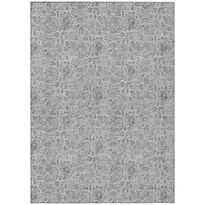 HomeRoots 5' Silver Gray and Charcoal Floral Washable Area Rug for Indoor and Outdoor Elegance and Durability 5' X 8' 580473