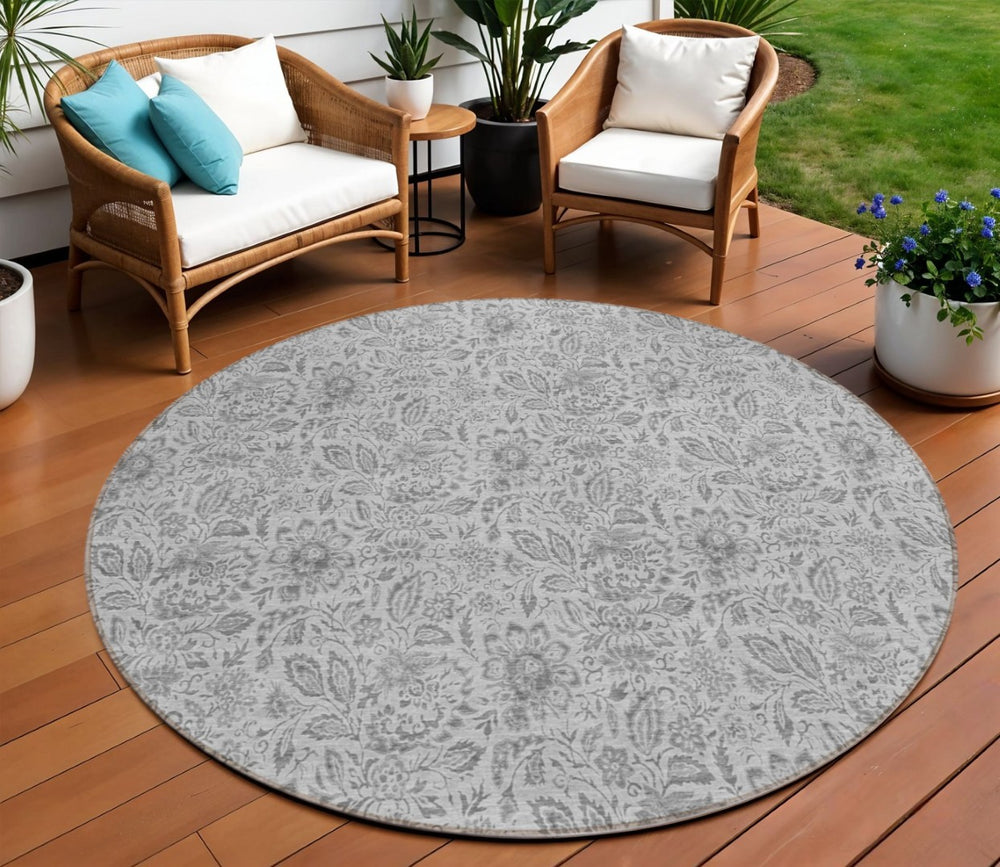 HomeRoots 5' Silver Gray and Charcoal Floral Washable Area Rug for Indoor and Outdoor Elegance and Durability 8' Round 580474