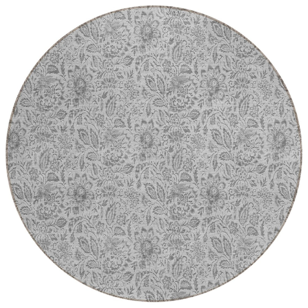 HomeRoots 5' Silver Gray and Charcoal Floral Washable Area Rug for Indoor and Outdoor Elegance and Durability 8' Round 580474