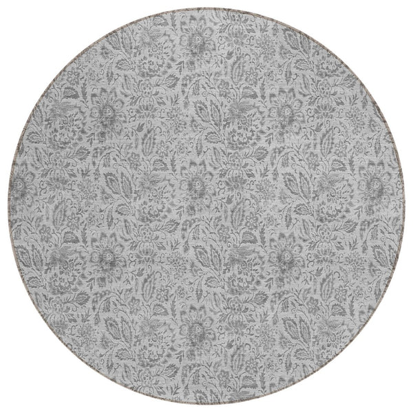 HomeRoots 5' Silver Gray and Charcoal Floral Washable Area Rug for Indoor and Outdoor Elegance and Durability 8' Round 580474
