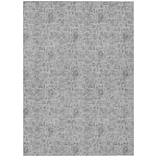 HomeRoots 5' Silver Gray and Charcoal Floral Washable Area Rug for Indoor and Outdoor Elegance and Durability 8' X 10' 580475