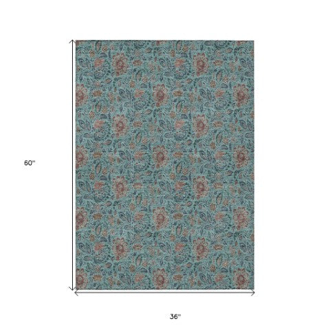 Homeroots 3' Green Floral Washable Area Rug - Stain Resistant, Durable Design For Indoor & Outdoor Spaces 3' X 5' Polyester 580478