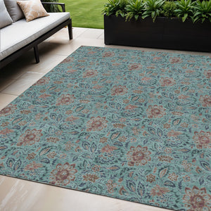 Homeroots 3' Green Floral Washable Area Rug - Stain Resistant, Durable Design For Indoor & Outdoor Spaces 5' X 8' Polyester 580479