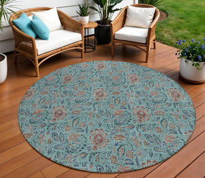 Homeroots 3' Green Floral Washable Area Rug - Stain Resistant, Durable Design For Indoor & Outdoor Spaces 8' Round Polyester 580480