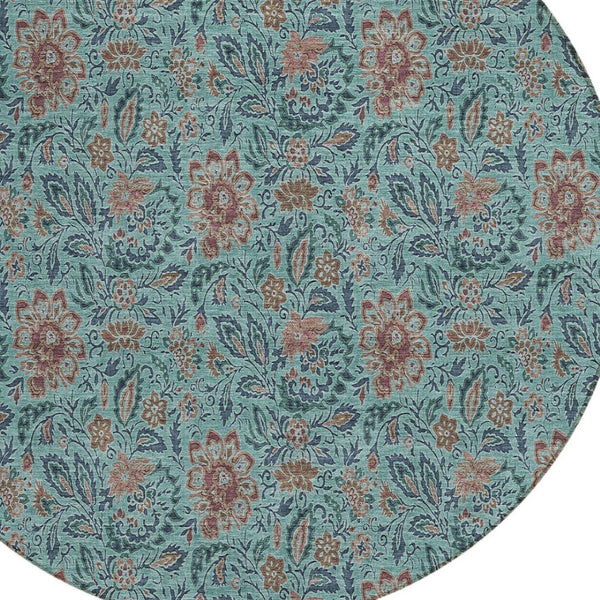 Homeroots 3' Green Floral Washable Area Rug - Stain Resistant, Durable Design For Indoor & Outdoor Spaces 8' Round Polyester 580480