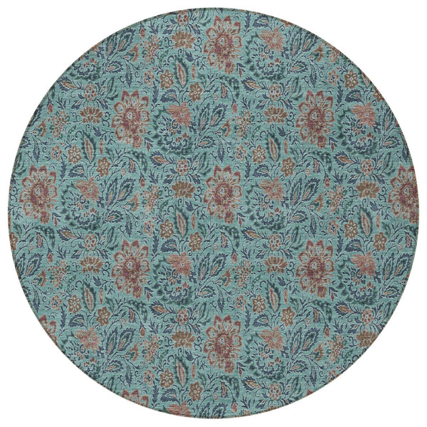 Homeroots 3' Green Floral Washable Area Rug - Stain Resistant, Durable Design For Indoor & Outdoor Spaces 8' Round Polyester 580480