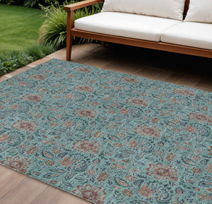 Homeroots 3' Green Floral Washable Area Rug - Stain Resistant, Durable Design For Indoor & Outdoor Spaces 8' X 10' Polyester 580481