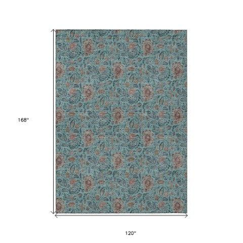Homeroots 3' Green Floral Washable Area Rug - Stain Resistant, Durable Design For Indoor & Outdoor Spaces 10' X 14' Polyester 580483