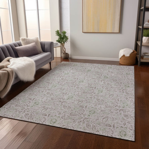 Homeroots 3' Green Floral Washable Area Rug - Stain Resistant, Durable Design For Indoor & Outdoor Spaces 10' X 14' Polyester 580489