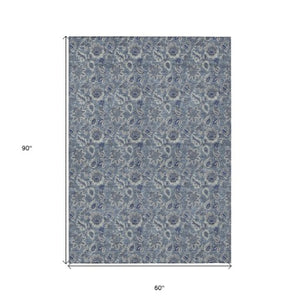 Homeroots 3' Denim Blue Floral Washable Area Rug – Perfect For Indoor And Outdoor Spaces, Durable & Stylish 5' X 8' Polyester 580491