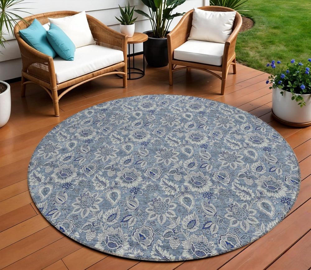 HomeRoots 5' Denim and Navy Floral Indoor Outdoor Area Rug - Durable, Washable, Perfect for High-Traffic Areas 8' Round 580492