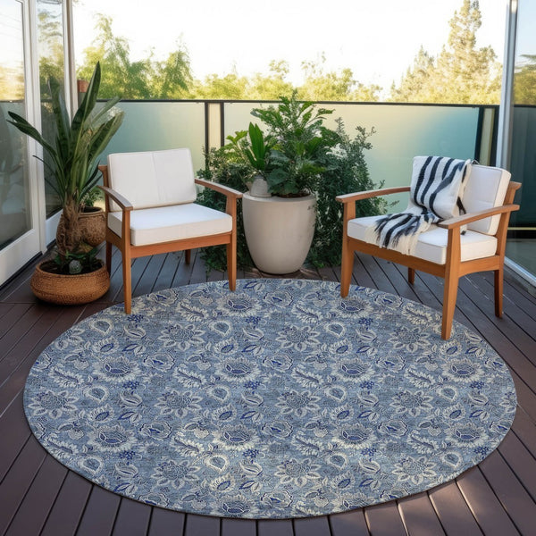 Homeroots 3' Denim Blue Floral Washable Area Rug – Perfect For Indoor And Outdoor Spaces, Durable & Stylish 8' Round Polyester 580492