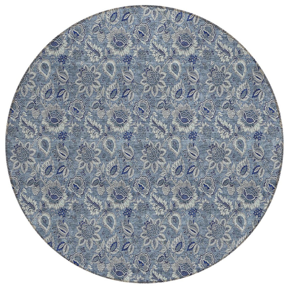 HomeRoots 5' Denim and Navy Floral Indoor Outdoor Area Rug - Durable, Washable, Perfect for High-Traffic Areas 8' Round 580492
