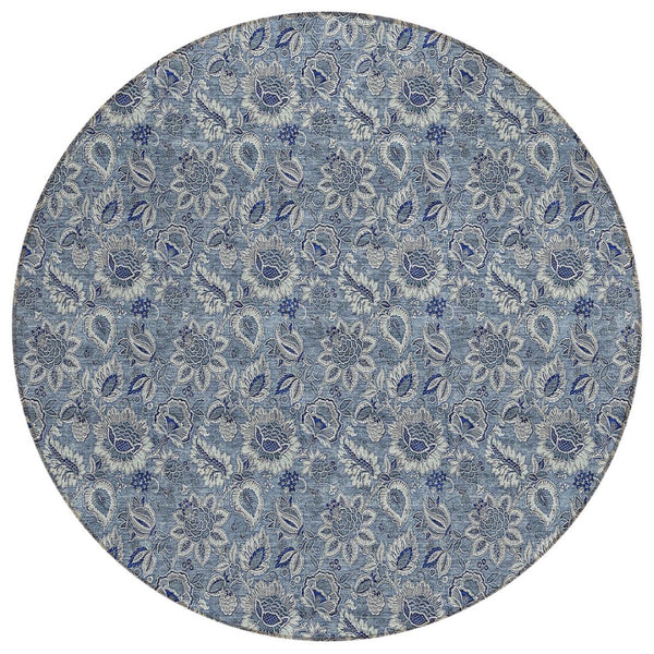 HomeRoots 5' Denim and Navy Floral Indoor Outdoor Area Rug - Durable, Washable, Perfect for High-Traffic Areas 8' Round 580492