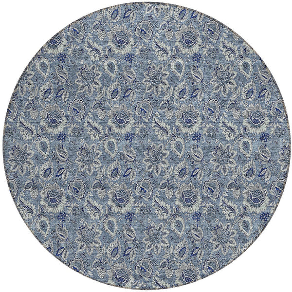 Homeroots 3' Denim Blue Floral Washable Area Rug – Perfect For Indoor And Outdoor Spaces, Durable & Stylish 8' Round Polyester 580492