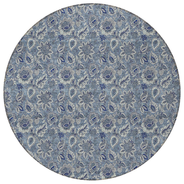 Homeroots 3' Denim Blue Floral Washable Area Rug – Perfect For Indoor And Outdoor Spaces, Durable & Stylish 8' Round Polyester 580492