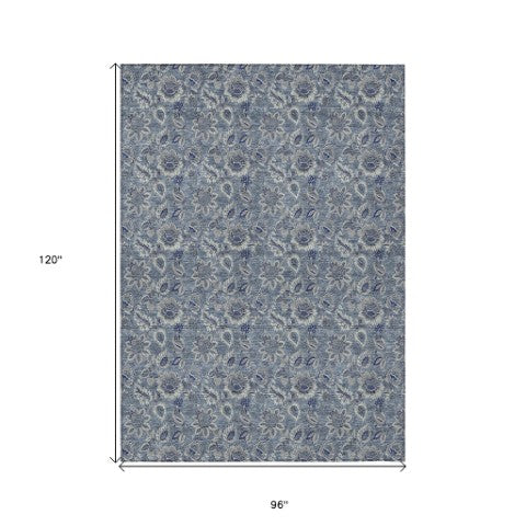 Homeroots 3' Denim Blue Floral Washable Area Rug – Perfect For Indoor And Outdoor Spaces, Durable & Stylish 8' X 10' Polyester 580493