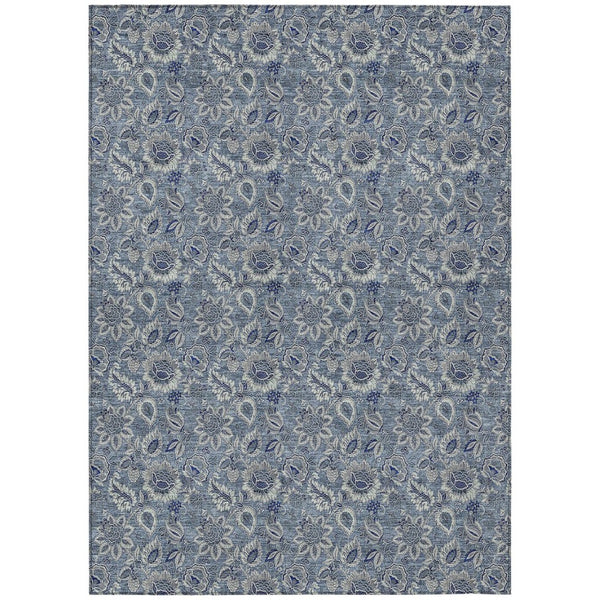 HomeRoots 5' Denim and Navy Floral Indoor Outdoor Area Rug - Durable, Washable, Perfect for High-Traffic Areas 8' X 10' 580493