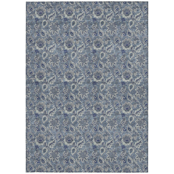 Homeroots 3' Denim Blue Floral Washable Area Rug – Perfect For Indoor And Outdoor Spaces, Durable & Stylish 9' X 12' Polyester 580494