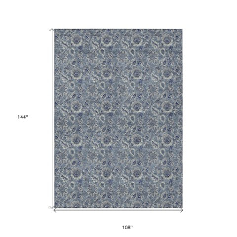 Homeroots 3' Denim Blue Floral Washable Area Rug – Perfect For Indoor And Outdoor Spaces, Durable & Stylish 9' X 12' Polyester 580494
