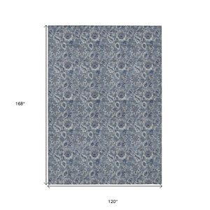 Homeroots 3' Denim Blue Floral Washable Area Rug – Perfect For Indoor And Outdoor Spaces, Durable & Stylish 10' X 14' Polyester 580495