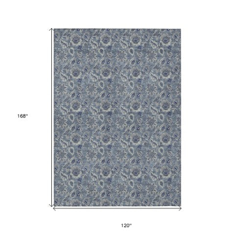 Homeroots 3' Denim Blue Floral Washable Area Rug – Perfect For Indoor And Outdoor Spaces, Durable & Stylish 10' X 14' Polyester 580495