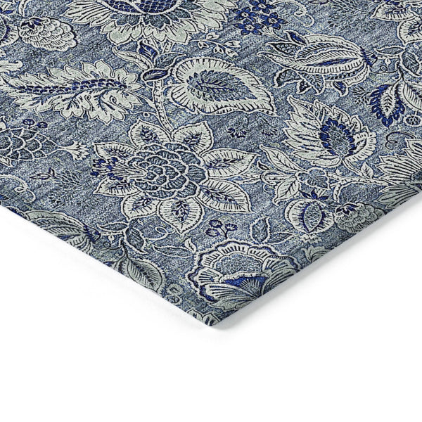 Homeroots 3' Denim Blue Floral Washable Area Rug – Perfect For Indoor And Outdoor Spaces, Durable & Stylish 10' X 14' Polyester 580495