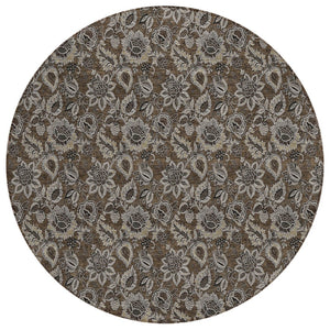 HomeRoots 5' Chocolate and Charcoal Floral Area Rug - Stylish, Washable, Durable for Indoor and Outdoor Use 8' Round 580498