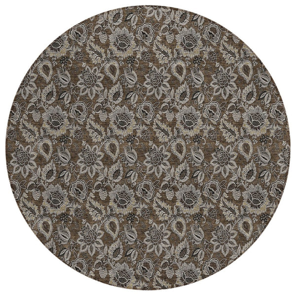 HomeRoots 5' Chocolate and Charcoal Floral Area Rug - Stylish, Washable, Durable for Indoor and Outdoor Use 8' Round 580498