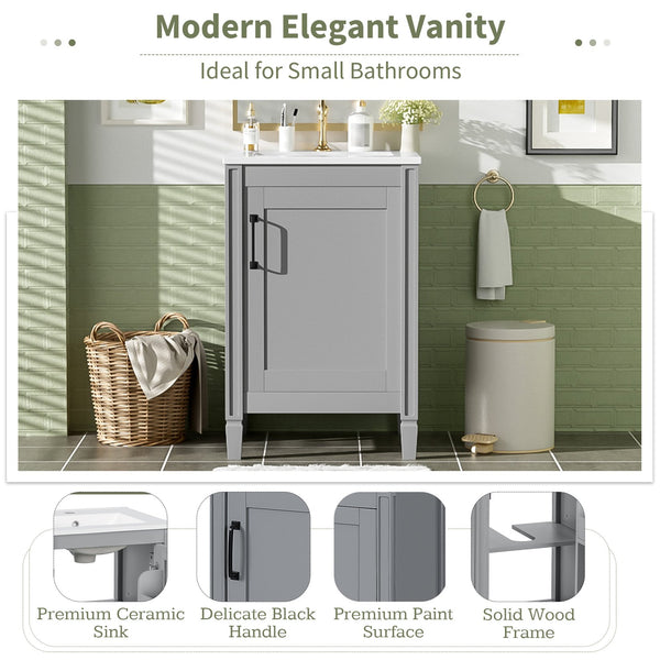 English Elm 20" Gray Bathroom Vanity with Ceramic Sink, Soft-Close Door, U-Shaped Adjustable Shelf & Door Storage Rack for Small Spaces N729P299364E