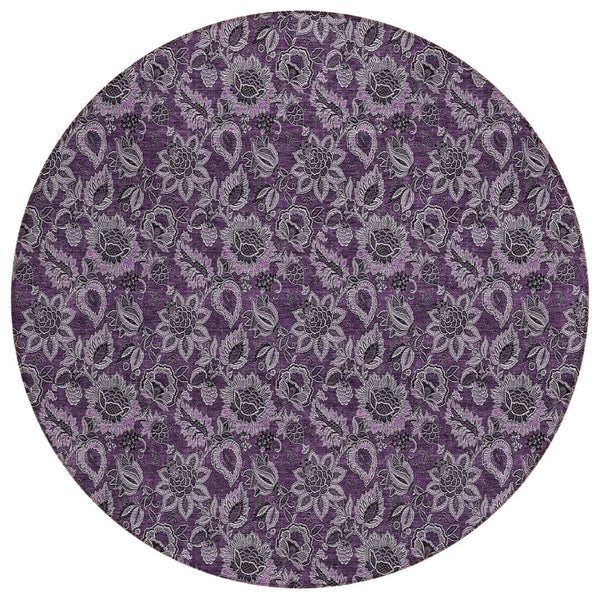 HomeRoots 5' Stylish Eggplant Purple & Lilac Floral Washable Area Rug for Indoor & Outdoor Versatility 8' Round 580510