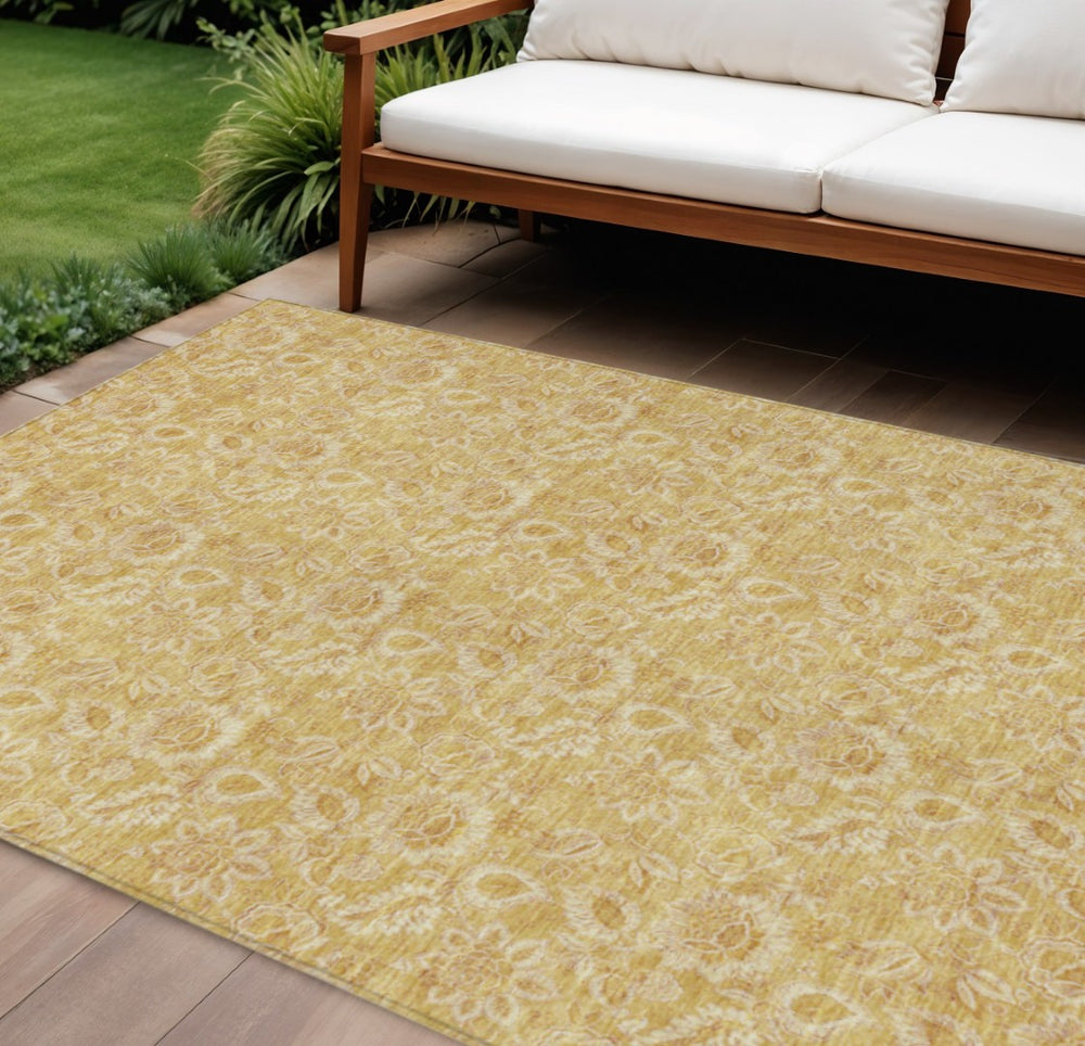 HomeRoots 9' Gold and Wheat Floral Area Rug - Elegant, Durable Design for Indoor and Outdoor Spaces, Machine Washable 9' X 12' 580518
