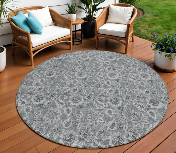 Homeroots 3' Denim Blue Floral Washable Area Rug – Perfect For Indoor And Outdoor Spaces, Durable & Stylish 8' Round Polyester 580522