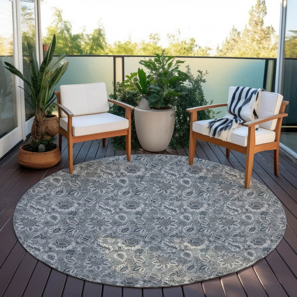 Homeroots 3' Denim Blue Floral Washable Area Rug – Perfect For Indoor And Outdoor Spaces, Durable & Stylish 8' Round Polyester 580522