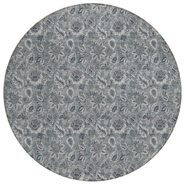 HomeRoots 5' Durable Floral Area Rug in Gray, Silver & Charcoal - Washable for Indoor & Outdoor Use 8' Round 580522