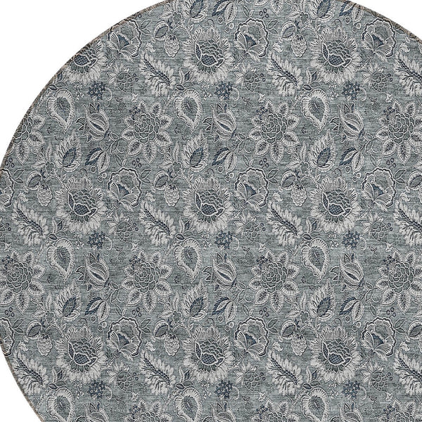 Homeroots 3' Denim Blue Floral Washable Area Rug – Perfect For Indoor And Outdoor Spaces, Durable & Stylish 8' Round Polyester 580522