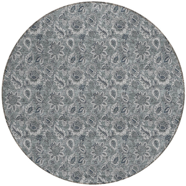 Homeroots 3' Denim Blue Floral Washable Area Rug – Perfect For Indoor And Outdoor Spaces, Durable & Stylish 8' Round Polyester 580522