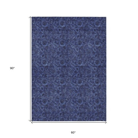 Homeroots 3' Denim Blue Floral Washable Area Rug – Perfect For Indoor And Outdoor Spaces, Durable & Stylish 5' X 8' Polyester 580527