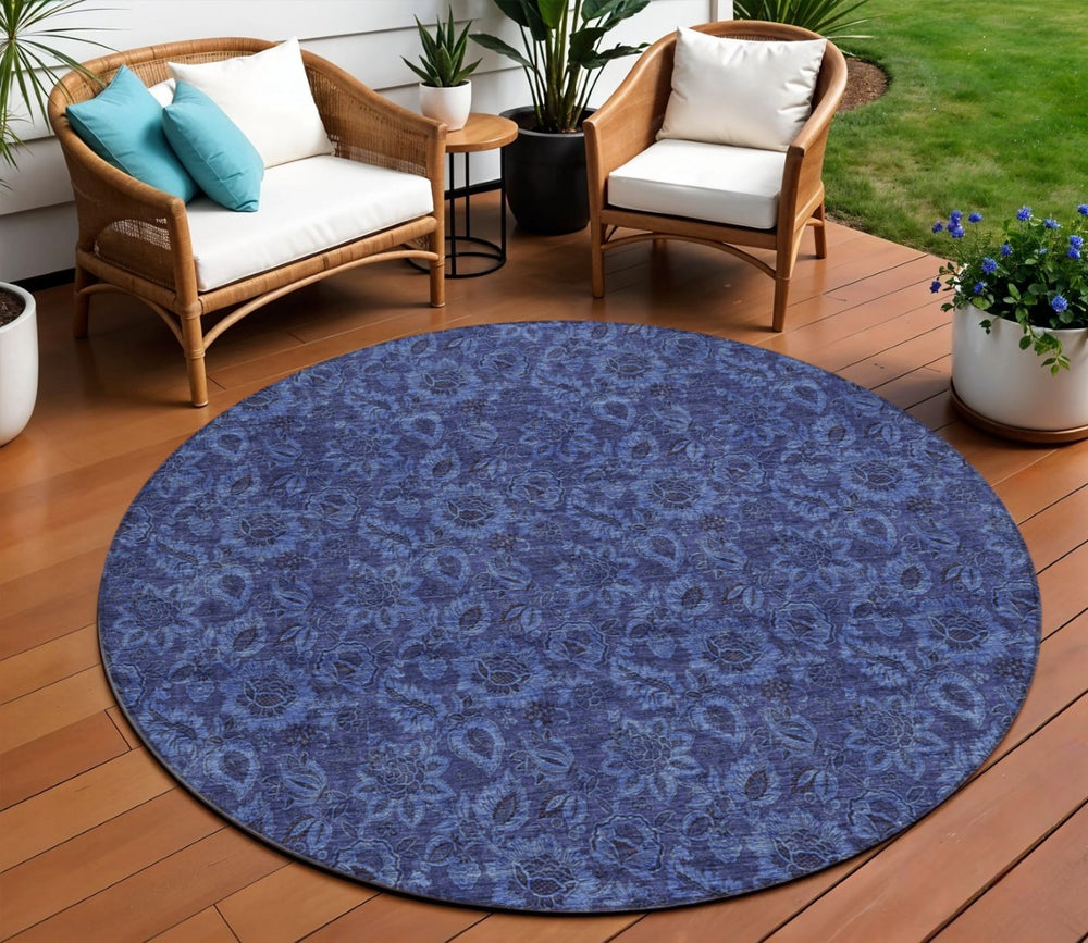 HomeRoots 5' Refresh Your Space with Navy Blue Charcoal Floral Indoor Outdoor Rug - Durable & Washable Design 8' Round 580528