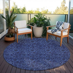 Homeroots 3' Denim Blue Floral Washable Area Rug – Perfect For Indoor And Outdoor Spaces, Durable & Stylish 8' Round Polyester 580528