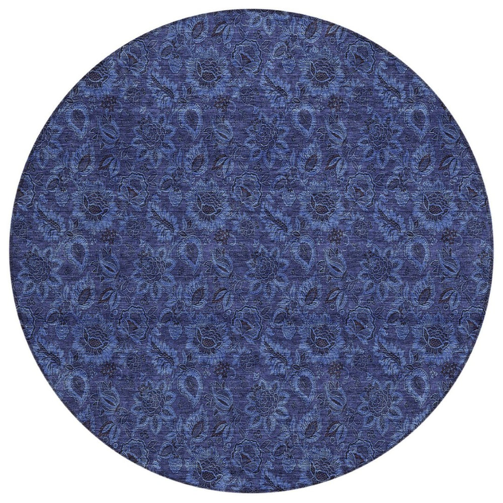 HomeRoots 5' Refresh Your Space with Navy Blue Charcoal Floral Indoor Outdoor Rug - Durable & Washable Design 8' Round 580528
