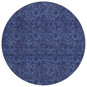HomeRoots 5' Refresh Your Space with Navy Blue Charcoal Floral Indoor Outdoor Rug - Durable & Washable Design 8' Round 580528